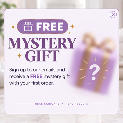 Purple and white graphic for a Free Mystery Gift with a blurred purple present and question mark icon.