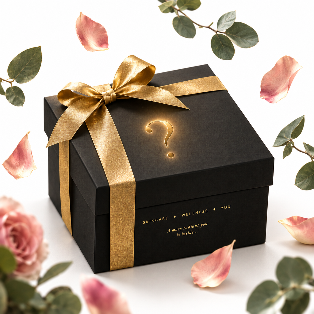 Black square gift box with a gold ribbon, question mark, and pink rose petals. Text reads Skincare + Wellness + You.